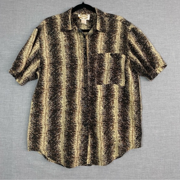 Silk Shirt Metro Express Mens Med Short Sleeve Button Down Tiger Stripe Pocket - Picture 1 of 8